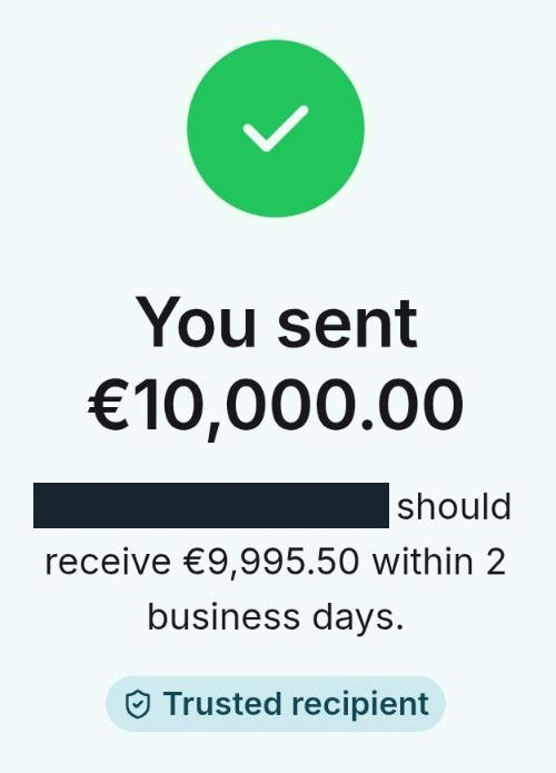 Обезличенное подтверждение отправки 10 000 евро от 11 сентября